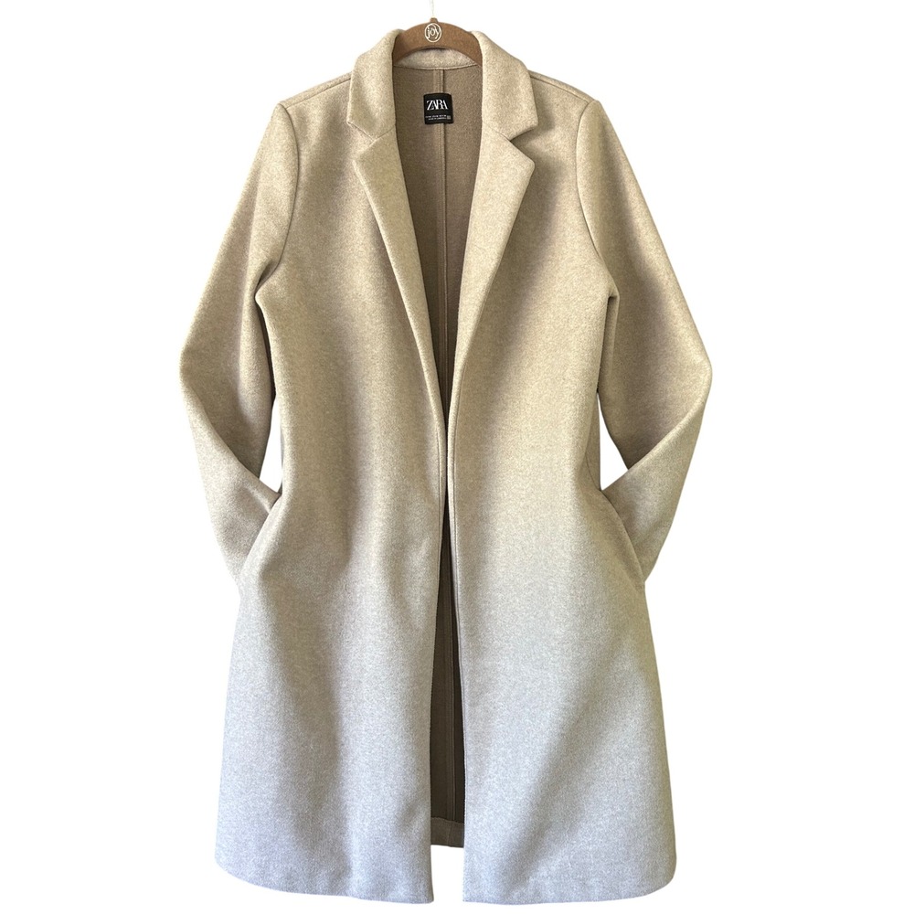 Zara Womens Beige Open Front Lapel Collar Coat Mid Length Pockets Felt Texture M
